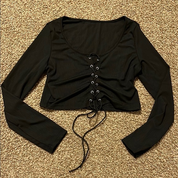 Black Lace-Up Long Sleeve Top - Picture 2 of 9
